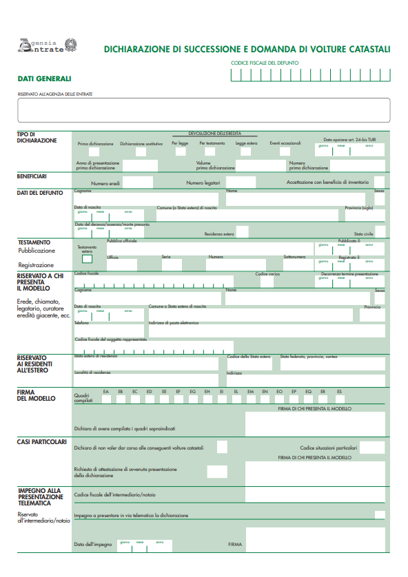Dichiarazione di successione e domanda di volture catastali