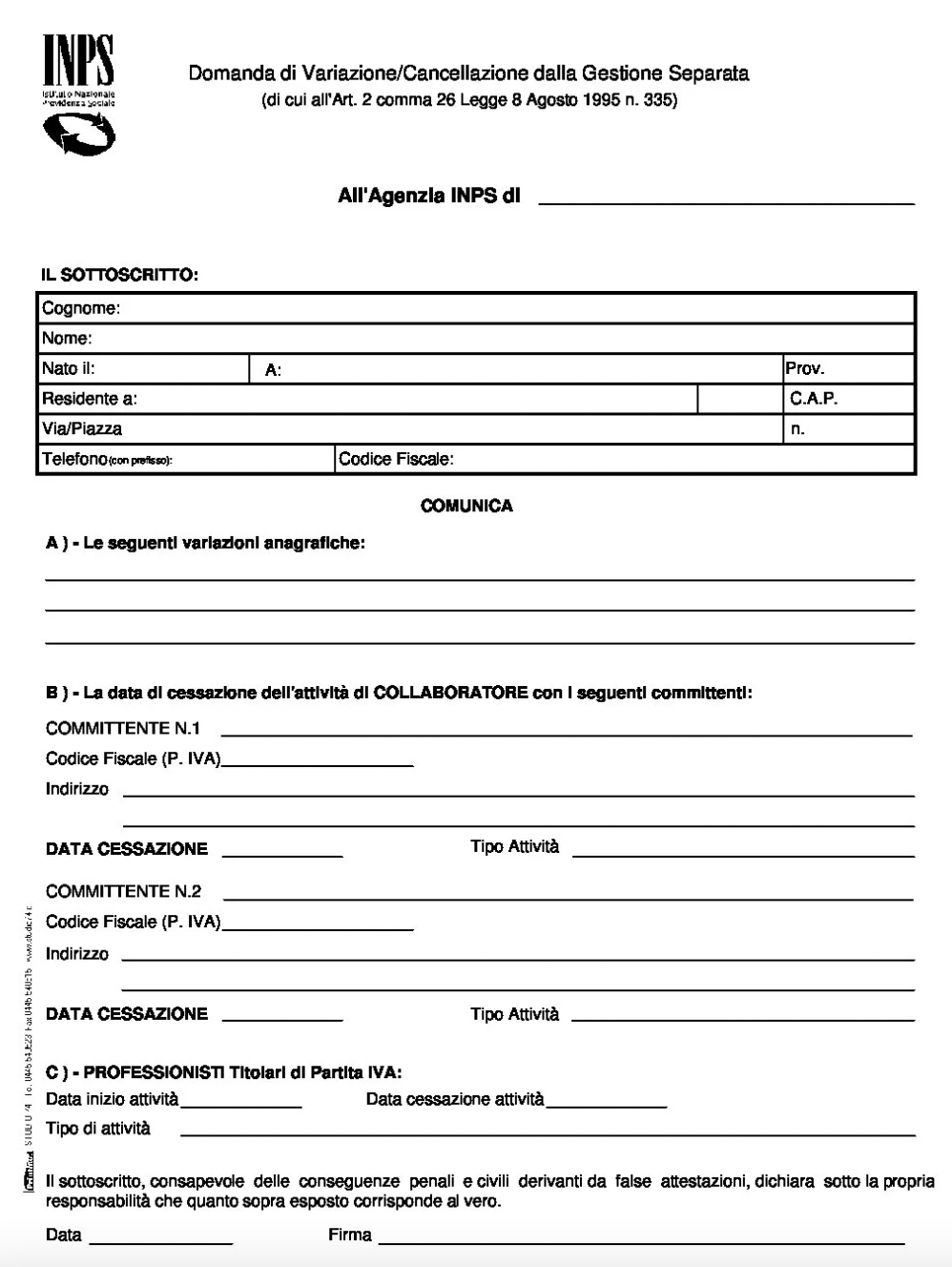 modulo variazione cancellazione Gestione separata inps